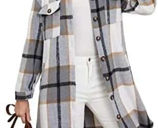 Esmeling Womens Plaid Shacket Brushed Flannel Shirt Jacket Mid Long Wool Blend Tartan Coat