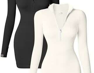 OQQ Women’s 2 Piece Dresses Sexy Ribbed Zip Front Long Sleeve Tops Mini Dress