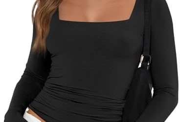 Trendy Queen Womens Long Sleeve Shirts 2024 Basic Crop Tops Fashion Slim Fitted Y2k Workout Clothes Square Neck Fall Outfits