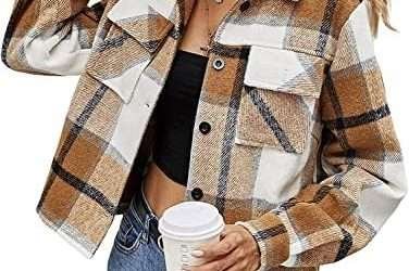 Binshre Womens Cropped Plaid Shacket Flannel Long Sleeve Button Down Jackets Coat for Women