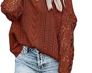 MIHOLL Women’s Lace Crochet Sweater Long Sleeve Crewneck Knit Sweaters Jumper Tops