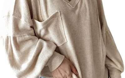 BTFBM Women’s Casual V Neck Ribbed Knitted Shirts Pullover Tunic Tops Loose Balloon Sleeve Solid Color Blouses Top