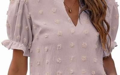 Blooming Jelly Womens Puff Sleeve Summer Tops Chiffon Short Sleeve Blouses White V Neck Pom Pom Shirts