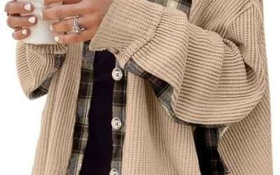 SHEWIN Womens Waffle Knit Plaid Shacket Boyfriend Button Down Shirt Jacket Loose Long Sleeve Tops