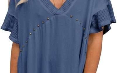 Dokotoo Womens Casual Summer Tops Dressy Batwing Half Sleeve Loose Fit Tunic Tops Waffle Knit Blouses Solid Lightweight V Neck Blue Fall Shirts Blouses X-Large