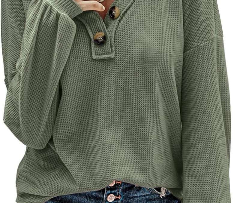 BTFBM Women Long Sleeve Shirts Spring Fall 2025 V Neck Loose Casual Blouse Deco Button Lightweight Waffle Knit Pullover