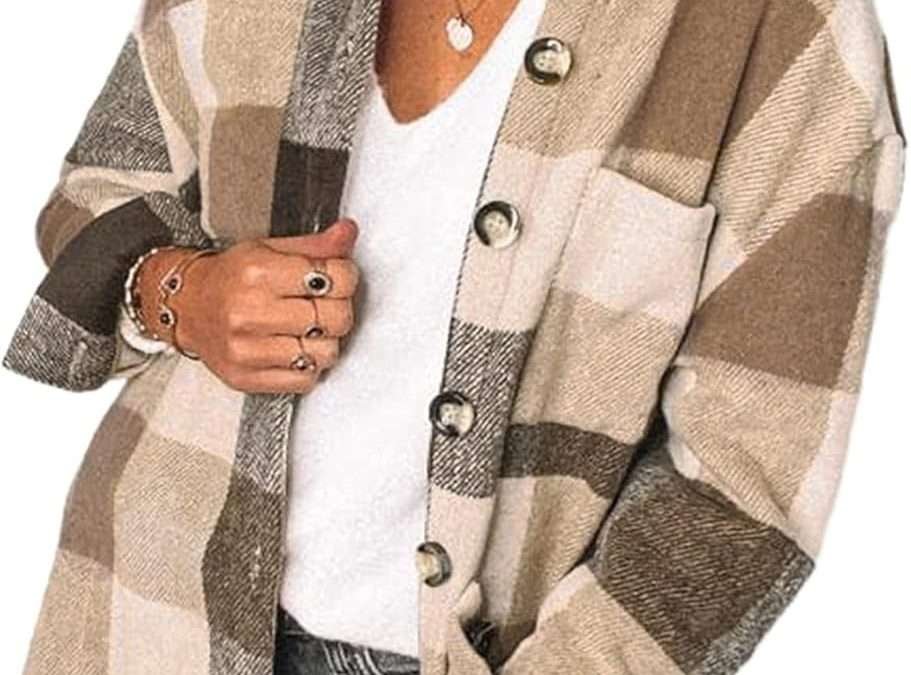 PRETTYGARDEN Women’s Fall Clothes Plaid Shacket Jacket Trendy Casual Long Sleeve Button Down Flannel Shirts Fashion Blouse