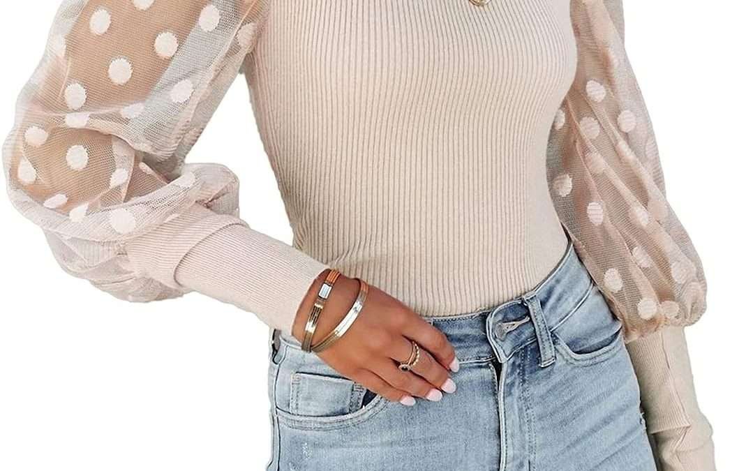 miduo Womens Tops Square Neck Polka Dot Balloon Long Sleeve Top Shirts Slim Knit Ribbed Tops Blouses