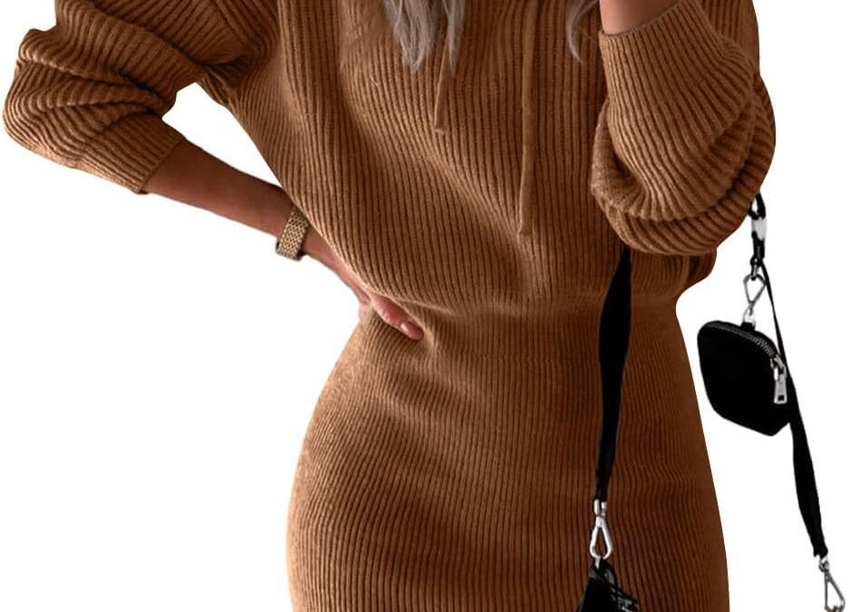PRETTYGARDEN Women’s Rib Knit Pullover Sweater Casual Long Sleeve Hooded Mini Bodycon Dress with Drawstring