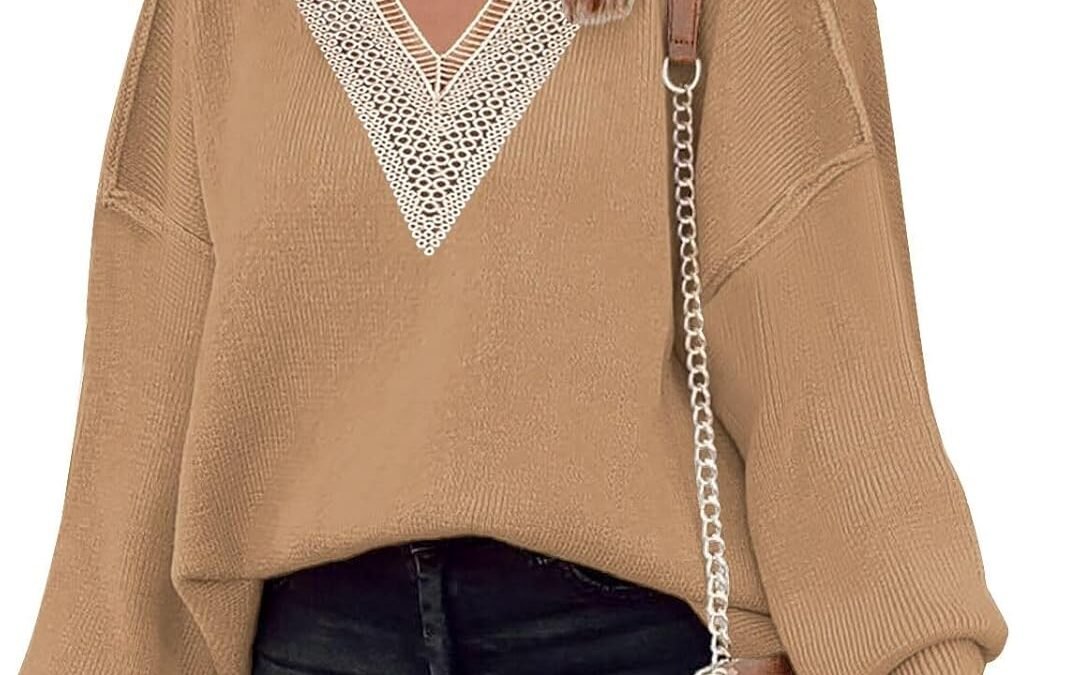 Disamer Women’s 2025 Fall Sweaters Trendy Long Sleeve Lace V Neck Color Block Striped Oversized Pullover Knitted Tops