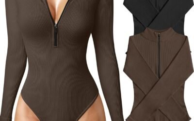 OQQ Women’s 2 Piece Sexy Ribbed One Zip Front Long Sleeve Top BodySuit, Black,darkbrown, Large
