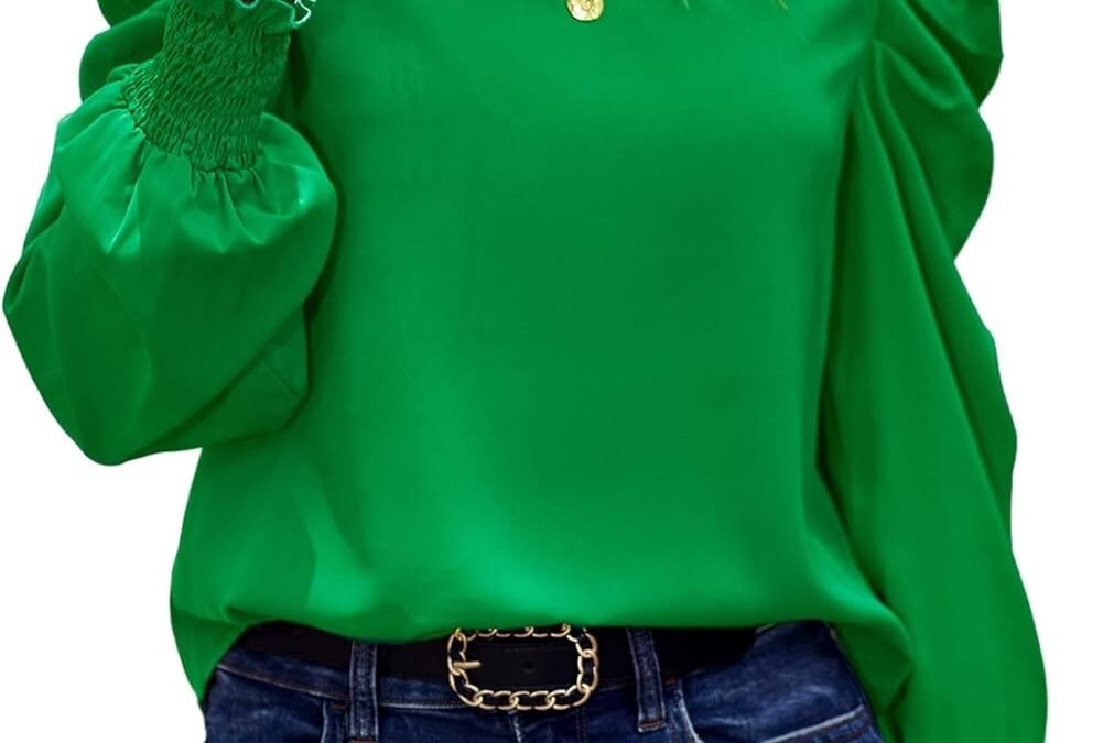 Angashion Womens Tops Casual Crewneck Long Lantern Sleeve Self Tie Blouses Solid Tunic Shirts 2026