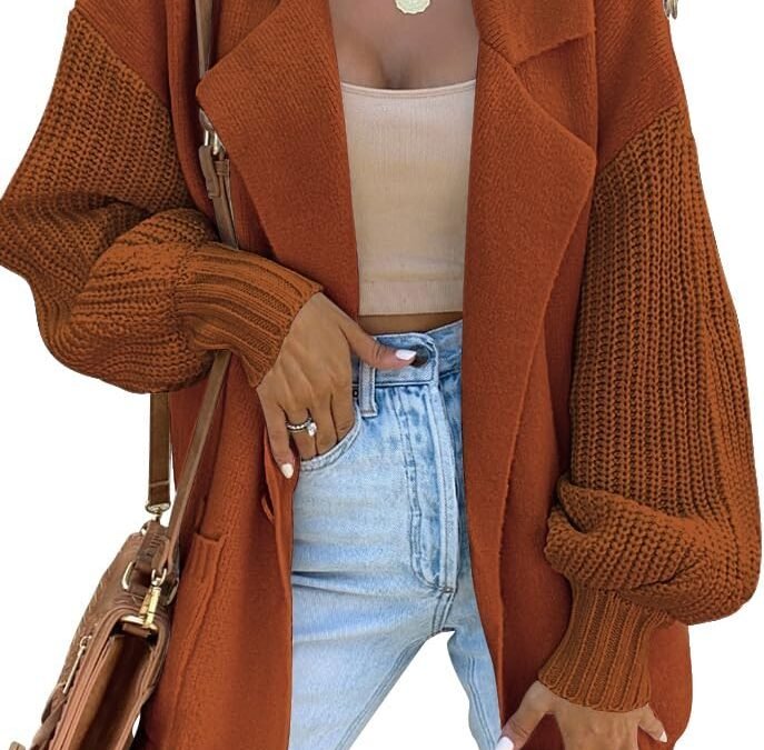 LILLUSORY Women’s Long Sleeve Collared Jacket Open Front Knit Cardigan Sweaters 2023 Oversized Slouchy Coat with Pockets