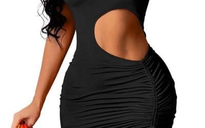 YMDUCH Women’s Sexy Sleeveless One Shoulder Cutout Drawstring Bodycon Club Mini Dress Black