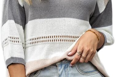 Dokotoo Womens 2025 Spring Summer Color Block Stripes V-Neck 3/4 Sleeve Hollow Out Knit Casual Tops Pullover Sweaters