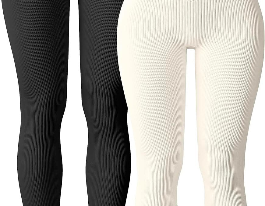OQQ Women’s 2 Piece Yoga Leggings Ribbed Seamless Workout High Waist Cross Over Athletic Exercise Leggings