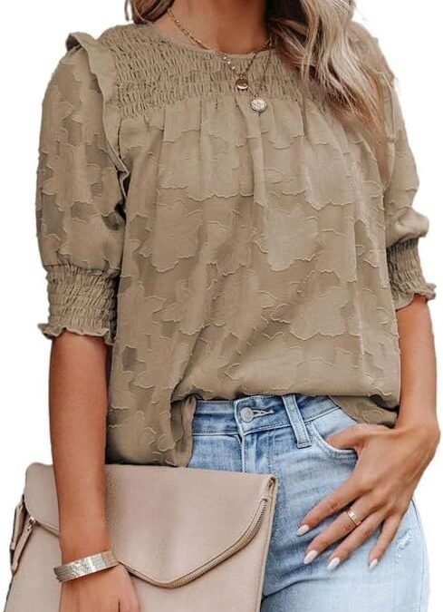 Dokotoo Womens Blouses Half Sleeve Shirred Tops Crewneck Lace Textured Flowy Casual Shirts