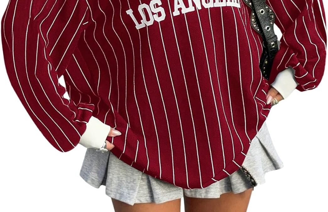 SOLY HUX Women’s Oversized Tees Striped Letter Print Y2k Jersey T Shirt Collar V Neck Long Sleeve Loose Tops
