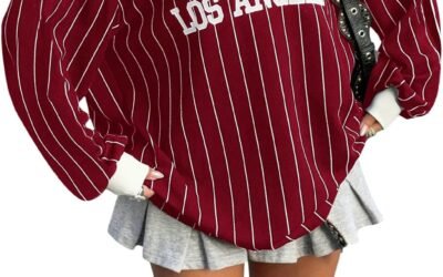 SOLY HUX Women’s Oversized Tees Striped Letter Print Y2k Jersey T Shirt Collar V Neck Long Sleeve Loose Tops