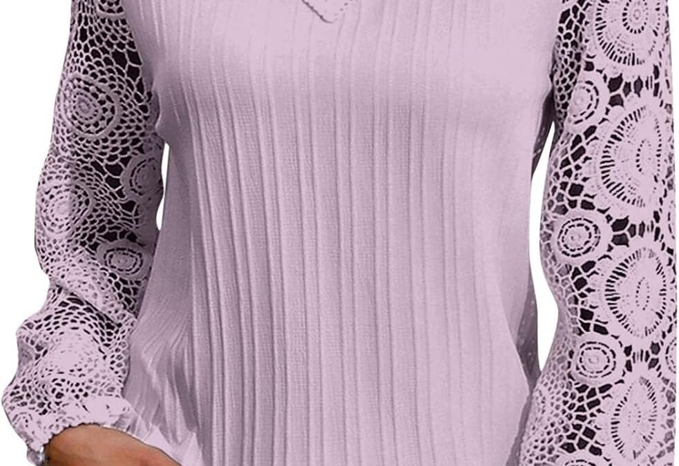 Long Sleeve Shirts for Women Fashion Lace Splicing V Neck Tops Hollow Out Lantern Sleeve Dressy Casual Blouse Thin Pullovers