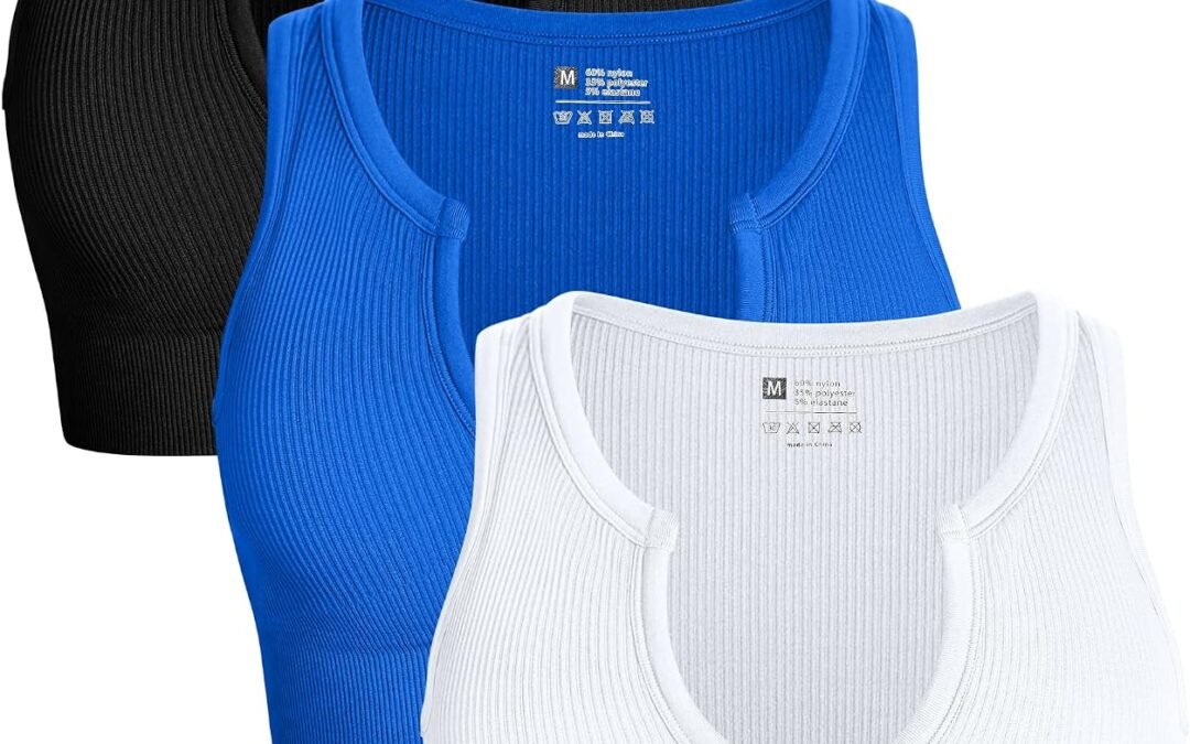 OQQ Women’s 3 Piece Medium Support Crop Top Seamless Ribbed Removable Cups Workout Yoga Sport Bra Black Blue1 White