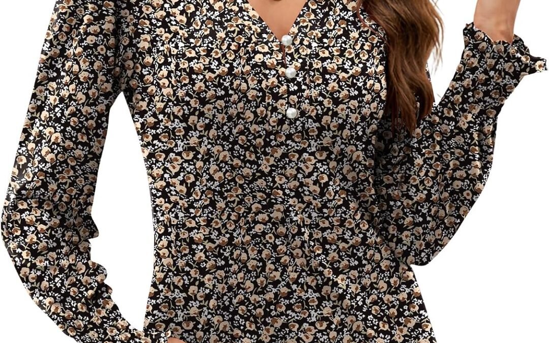 Rapbin Womens V Neck Puff Long Sleeve Button Down Tunic Blouses Fall Tops 2025 Ruffle Cuffs Dressy Casual T-Shirts