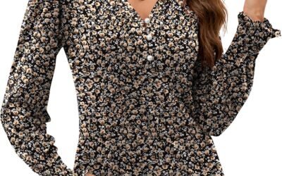 Rapbin Womens V Neck Puff Long Sleeve Button Down Tunic Blouses Fall Tops 2025 Ruffle Cuffs Dressy Casual T-Shirts