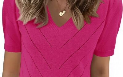 LOMON Womens Sweaters Puff Short Sleeve V Neck Lightweight Knit Summer Tops
