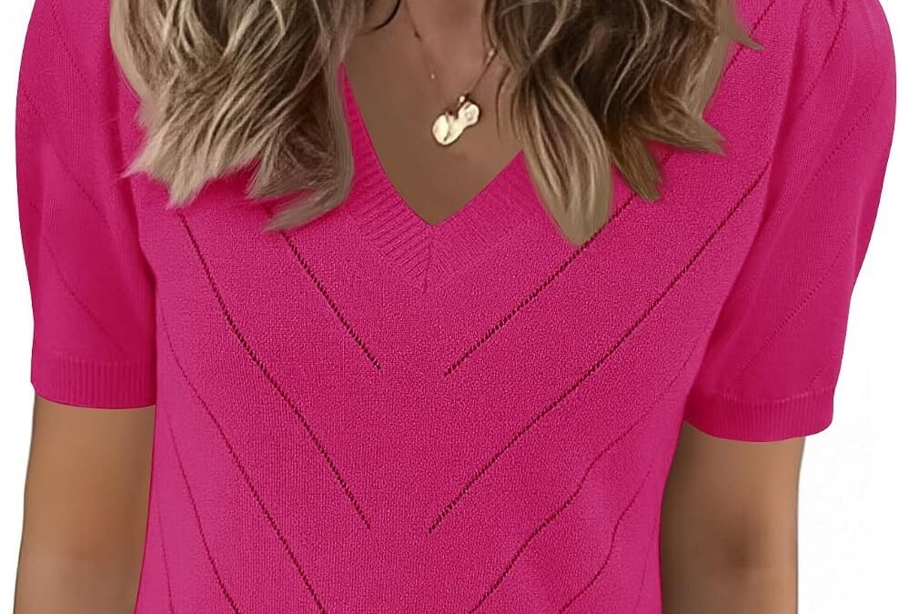 LOMON Womens Sweaters Puff Short Sleeve V Neck Lightweight Knit Summer Tops